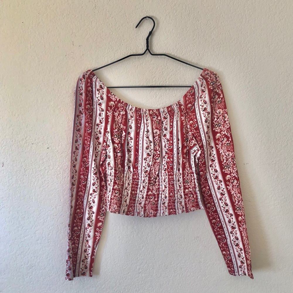 Japna Red & White Striped Floral Long Sleeve Top